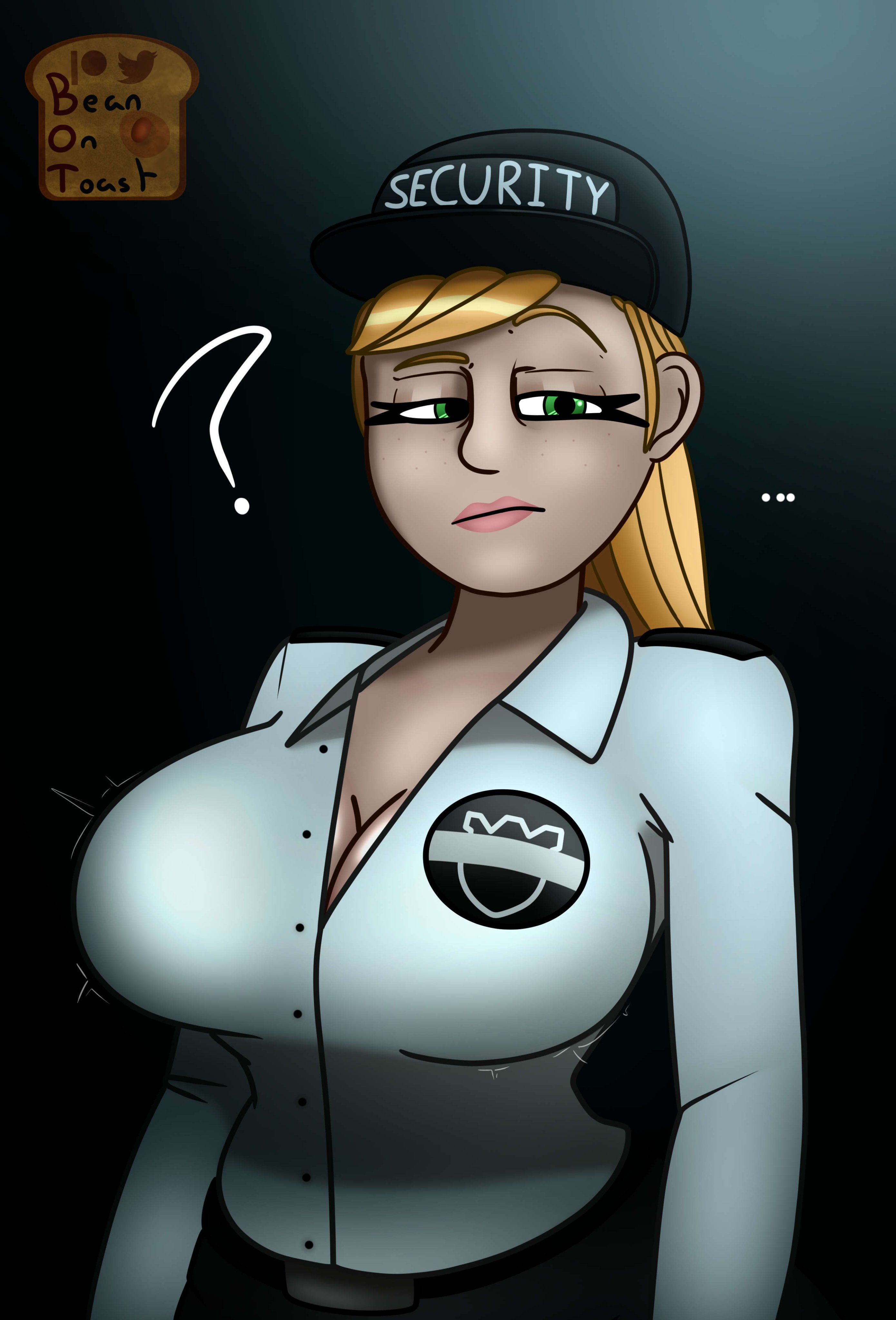 ?, arrogant, beanontoast, big breasts, blonde hair, breasts, clothed, confused, female, five nights at freddy's, five nights at freddy's: security breach, green eyes, light skin, light-skinned female, security guard, security uniform, solo, thick thighs, vanessa (fnaf)