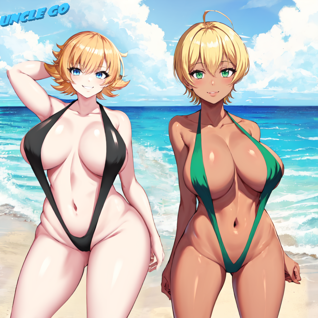 2girls ai_generated beach big_breasts black_bikini blonde_hair blue_eyes breasts contrast crossover dark-skinned_female duo green_bikini green_eyes huge_breasts igawa_sakura light-skinned_female looking_at_viewer mito_ikumi orange_hair self_upload shokugeki_no_souma short_hair skin_contrast sling_bikini slingshot_swimsuit smiling stable_diffusion taimanin_(series) taimanin_asagi tanned_female teenage_girl teenager unclego