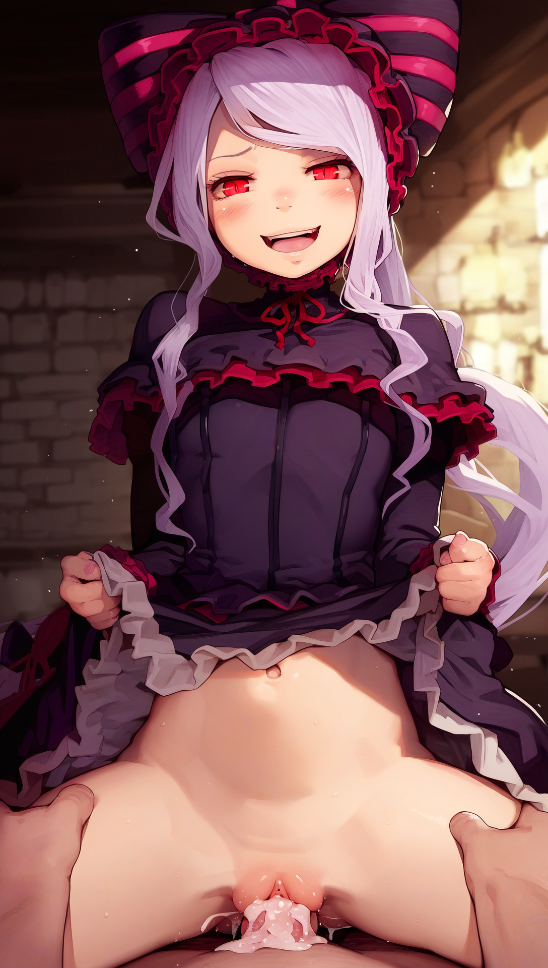 ai generated, blush, female, grey hair, lolita fashion, naughty face, no panties, overlord (maruyama), realstuntman, shalltear bloodfallen, skirt lift