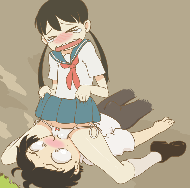 1boy 1boy1girl 1girls black_hair bow_panties cropped_legs crying facesitting femdom fumiko's_confession fumiko_(fumiko_no_kokuhaku) fumiko_no_kokuhaku lifted_by_self loafers long_hair on_floor on_ground pantyshot school_uniform schoolgirl self_exposure serafuku side-tie_panties skirt_lift skirt_lifted_by_self socks tagme takashi_(fumiko_no_kokuhaku) thetenk twintails white_panties