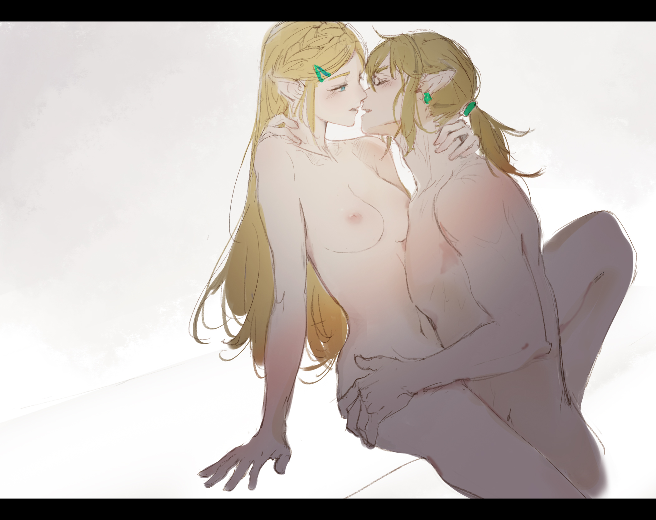1boy, 1girls, arm around neck, arm around partner, blonde hair, blue eyes, blush, braided hair, breast press, breasts, breath of the wild, closed eyes, color, colored sketch, completely nude, earrings, elf ears, female, hair ornament, hairclip, hand on another's hip, hand on another's shoulder, highres, imminent kiss, imminent sex, kebory391901, link, link (breath of the wild), long hair, looking at partner, male, nipples, nude, pointy ears, ponytail, princess zelda, romantic, shoulder grab, sketch, slight blush, straight, the legend of zelda, tied hair, toned, toned male, white background, wholesome, zelda (breath of the wild)