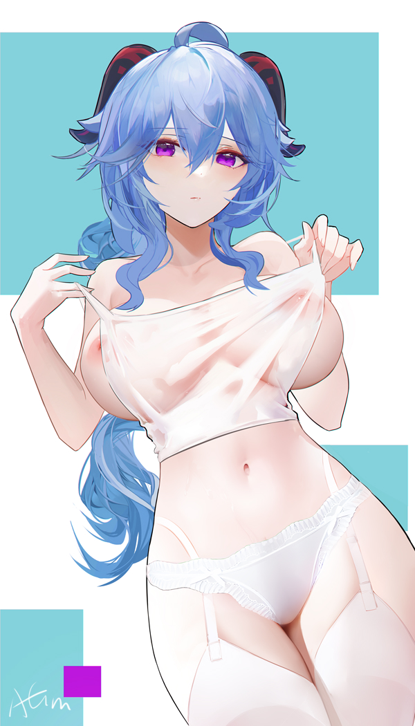 1girls big_breasts blue_hair breasts female_only ganyu_(genshin_impact) garter_straps genshin_impact horns long_hair looking_at_viewer naked nipples nude omone_hokoma_agm panties purple_eyes see_through solo solo_female stockings undressing white_panties white_stockings