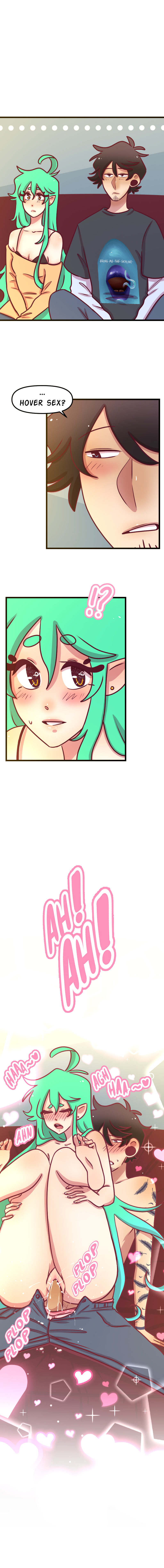 blush comic_page comic_strip down_to_earth flying green_hair highres hovering kade_(down_to_earth) long_hair on_couch pear_shaped pointy_ears pookie_senpai riding tattoo webcomic webtoon yellow_eyes zaida zaida_(down_to_earth)\r\nofficial_art