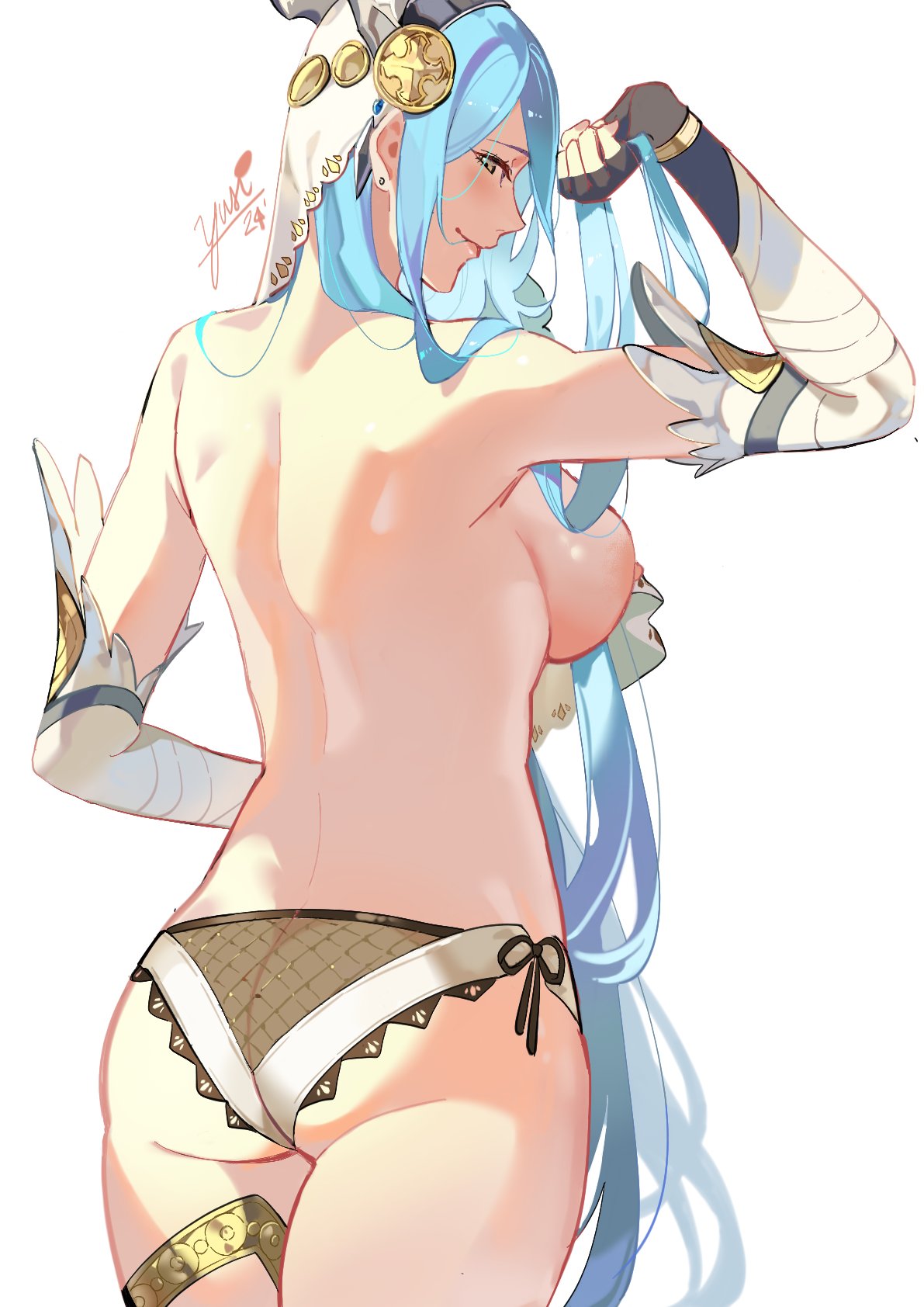 1girls alternate_costume arm_up ass azura_(fire_emblem) azura_(song's_reflection)_(fire_emblem) back back_focus back_view backboob bare_back bare_shoulders bare_thighs big_ass black_panties blue_hair breasts closed_mouth dancer detached_sleeves ear_piercing earrings elbow_gloves female female_only fingerless_gloves fire_emblem fire_emblem_fates fire_emblem_heroes from_behind gloves hair_between_eyes highres jewelry light_blue_hair long_hair looking_at_viewer looking_back medium_breasts nintendo nipples official_alternate_costume panties piercing see-through shoulders side-tie_panties sideboob signature simple_background smile solo thighs underwear veil very_long_hair white_background yellow_eyes yusi_vishnu