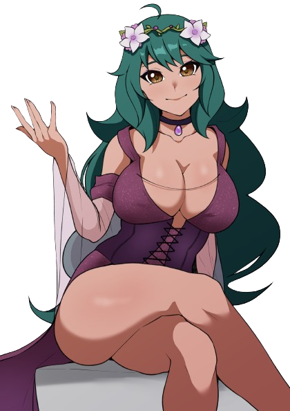 1girls brown_eyes choker corset crossed_legs dress female green_hair large_breasts long_hair revealing_clothes sitting smiling_at_viewer snufkinmae solo thighs