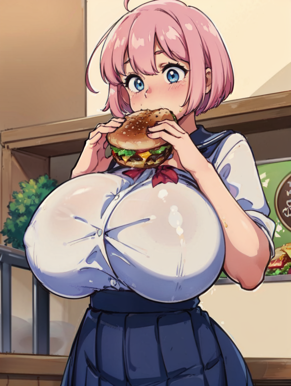 1girls ahoge ai_generated big_breasts blue_eyes blush bow breasts burger button_down_shirt eating eating_food female female_only hamburger holding_food holding_object huge_breasts indoors inside opal_(tampopo) pink_hair pleated_skirt red_bow serafuku short_hair skirt solo solo_female stable_diffusion tampopo uniform white_shirt