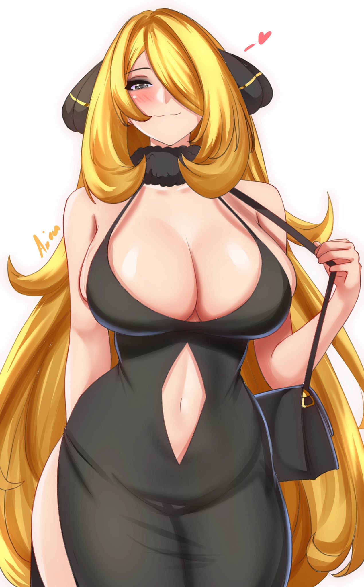 1girls, anisdrawn, blonde hair, breasts, cleavage, cynthia (pokemon), dress, female, fully clothed, fur collar, game freak, hair over one eye, hi res, huge breasts, light skin, light-skinned female, long hair, naughty face, nintendo, pokemon, pokemon dppt