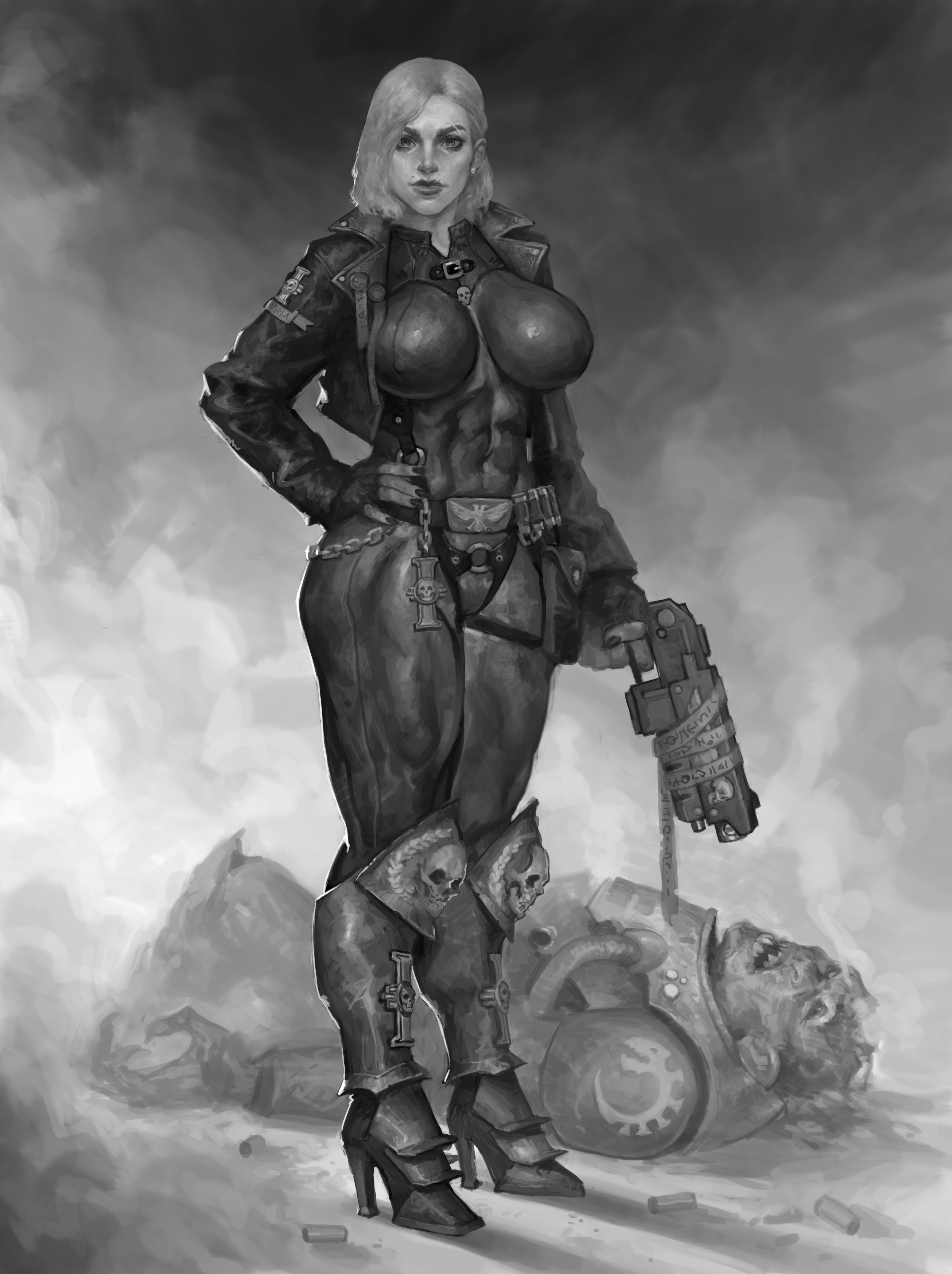 adepta sororitas, alternate version at source, alternate version available, areolae, areolae visible through clothing, armor, armored boots, armored female, artistic, artistic nude, big breasts, breasts, curvaceous, curvaceous female, curvaceous figure, curves, curvy, curvy body, curvy female, curvy figure, curvy hips, curvy thighs, female, genestealer, greyscale, huge breasts, imperium of man, inquisition (warhammer 40k), justsomenoob, large breasts, monochrome, muscular, muscular female, muscular thighs, nipples visible through clothing, nonsexual, nonsexual nudity, pinup, sister of battle, solo, solo female, solo focus, thick legs, thick thighs, variant, variant set, voluptuous, voluptuous female, warhammer (franchise), warhammer 40k, wide hips
