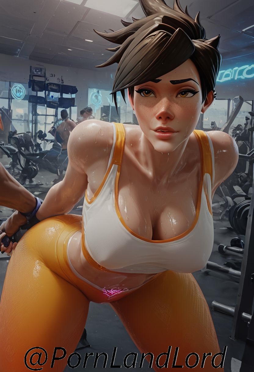 ai_generated ass big_ass big_breasts big_butt gym gym_uniform lena_oxton overwatch overwatch_2 pornlandlord pussy solo sweating tracer