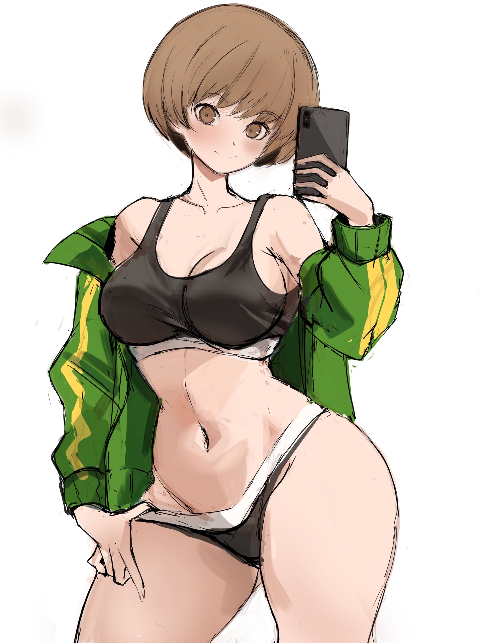 1girls, atlus, breasts, brown eyes, brown hair, child bearing hips, female, fit, fit female, hi res, highres, large breasts, light skin, light-skinned female, panties, persona, persona 4, phone, rakeemspoon, satonaka chie, selfie, short hair, solo, sports bra, sportswear, tomboy, voluptuous, voluptuous female, white background