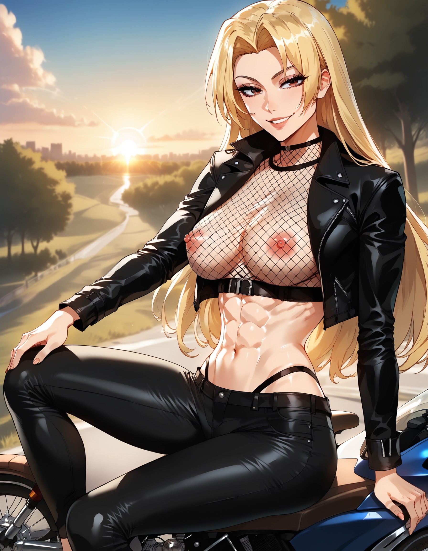 ai generated, female, fishnet shirt, jujutsu kaisen, leather clothing, nipples, tagme, yuki tsukumo