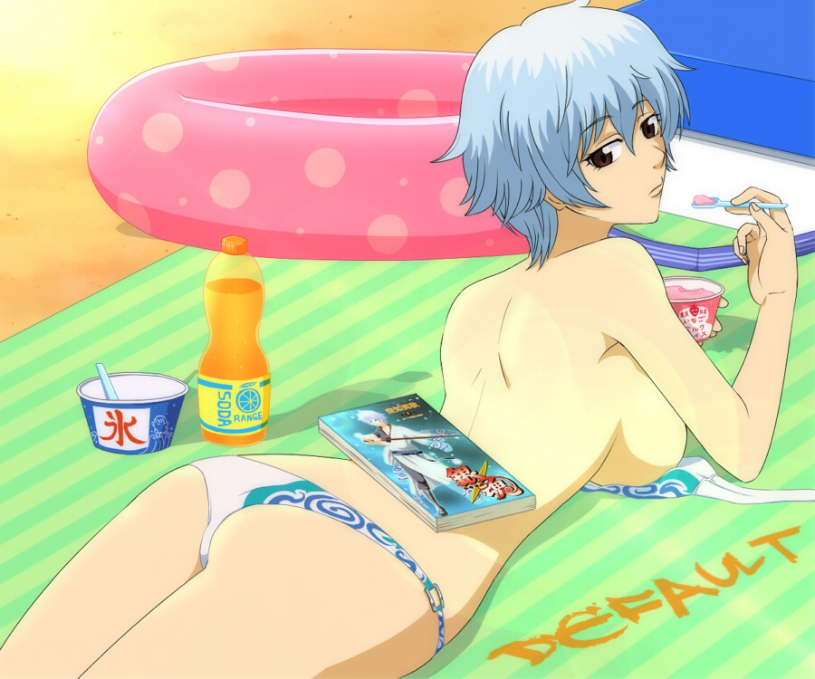 beach big_breasts bikini blue_hair blue_robot canon_genderswap expressionless female female_only genderswap_(mtf) ginko_sakata gintama gintoki_sakata ice_cream light_blue_hair looking_at_viewer looking_back on_stomach rule_63 short_hair side_boob solo swimsuit towel untied_bikini untied_bikini_top white_bikini