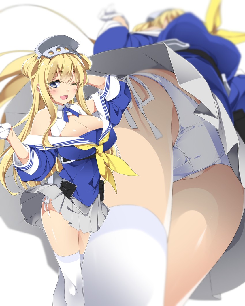 blonde_hair blue_eyes blue_serafuku blush breasts cleavage feet_out_of_frame female fletcher_(kantai_collection) from_below gloves grey_skirt hair_between_eyes hair_bun highres kantai_collection large_breasts long_hair long_sleeves mtu_(orewamuzituda) multiple_views neckerchief one_eye_closed open_mouth panties pleated_skirt sailor_collar school_uniform serafuku side-tie_panties side-tie_peek simple_background single_side_bun skirt smile thighhighs underwear white_background white_gloves white_panties white_sailor_collar white_thighhighs yellow_neckerchief