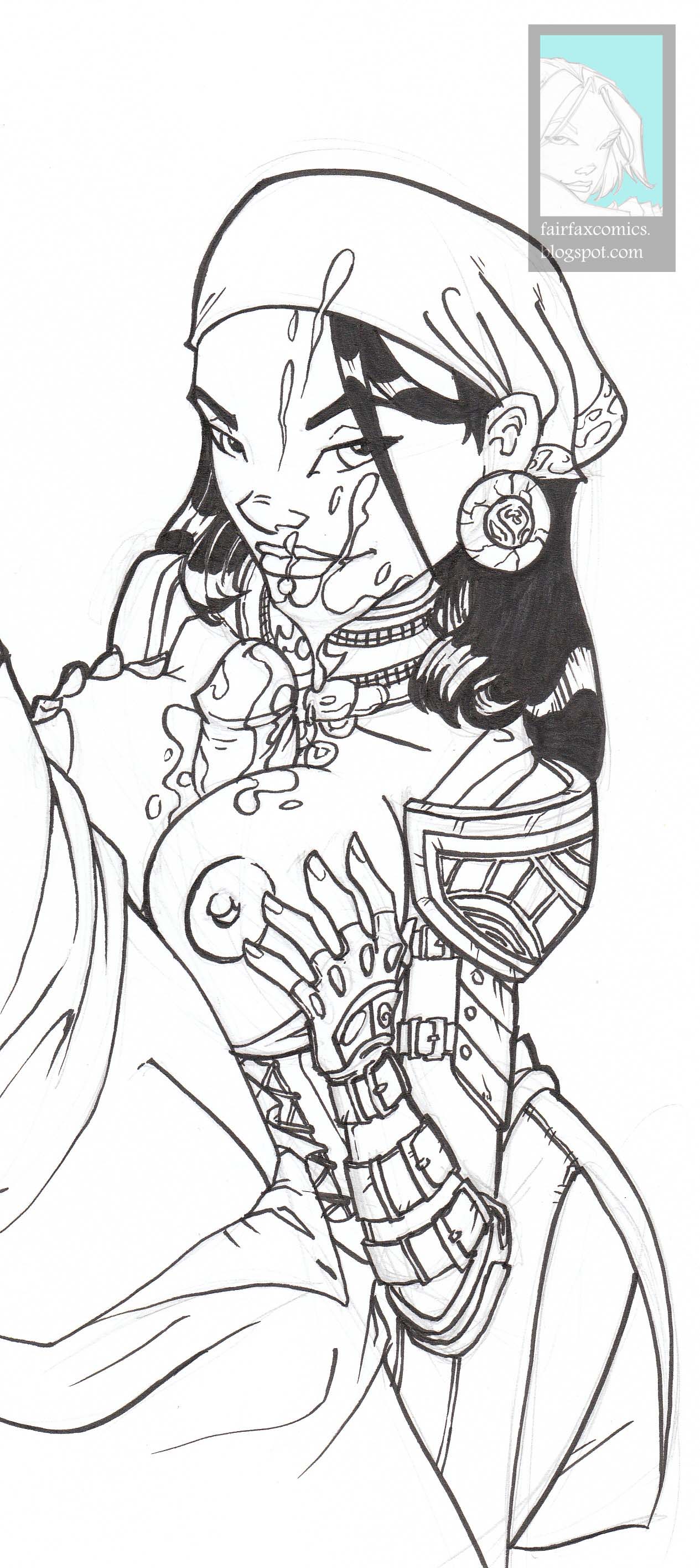 1girls 2d bioware cum dragon_age dragon_age_2 fairfaxer female isabela_(dragon_age) monochrome pirate sketch uncensored video_games
