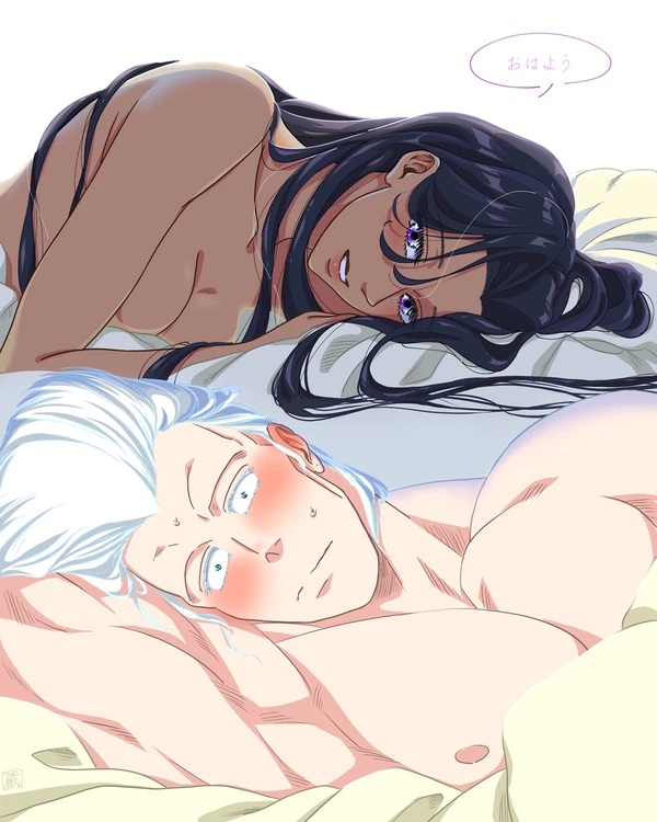 1boy 1girls after_sex artist_request bed bedsheets black_hair blue_eyes blushing_profusely breasts dark-skinned_female female happy japanese_text jean_pierre_polnareff jojo's_bizarre_adventure light-skinned_male looking_at_partner lying lying_on_side male male/female malena_(jjba) muscular muscular_male nude nude_female nude_male pectorals purple_eyes silver_hair simple_background smiling stardust_crusaders straight text