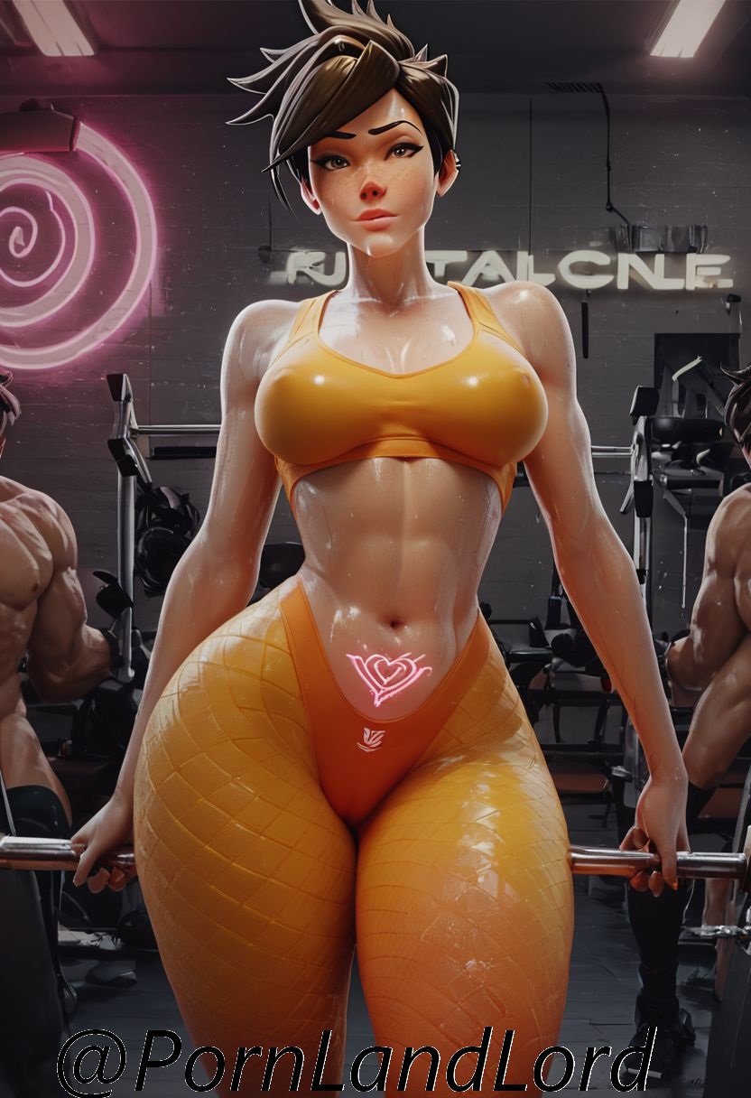 ai generated, ass, big ass, big breasts, big butt, breasts, female, gym, gym uniform, lena oxton, overwatch, overwatch 2, pornlandlord, pussy, skin tight, solo, sweating, tight clothes, tight clothing, tight fit, tracer