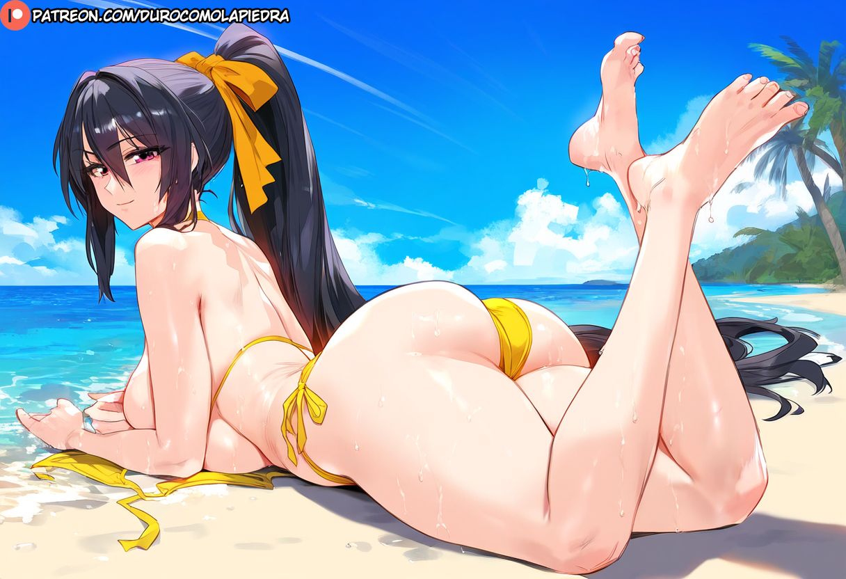 1girls ai_generated akeno_himejima ass beach dclp female from_behind high_school_dxd huge_ass light-skinned_female light_skin on_stomach pale-skinned_female pale_skin