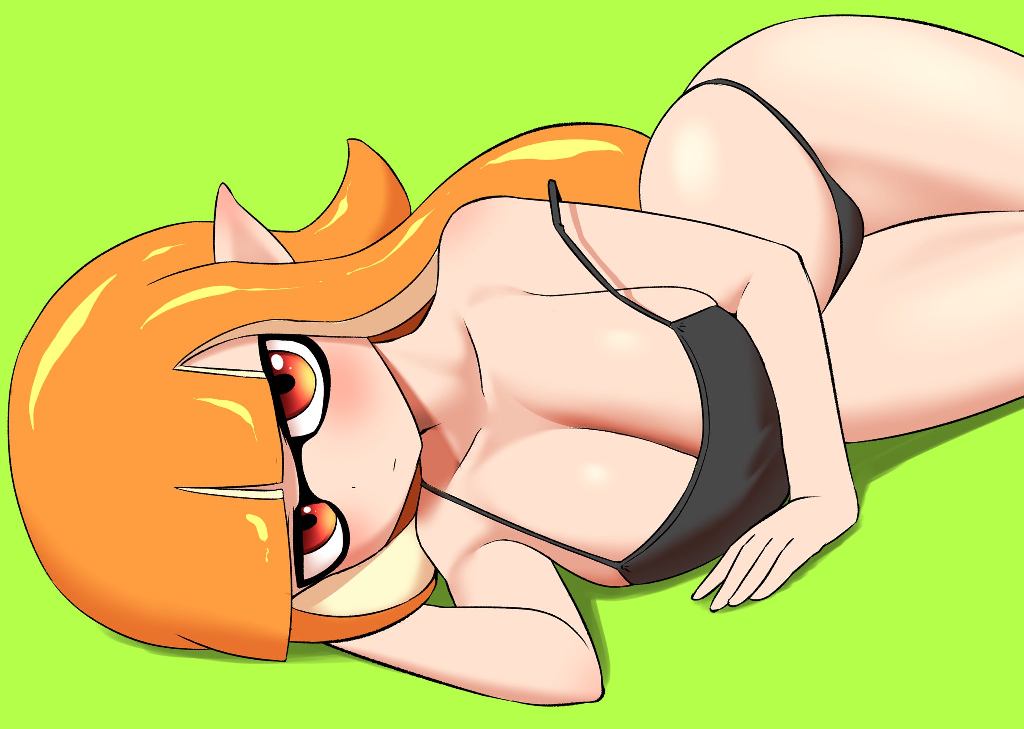 1girls, black panties, breasts, female, hi res, inkling, inkling girl, kaori (splatoon), large breasts, light skin, light-skinned female, long hair, looking at viewer, lying on side, nintendo, nobunagapero, orange hair, panties, shiny skin, splatoon, splatoon (series), thick thighs, thighs, thighs together
