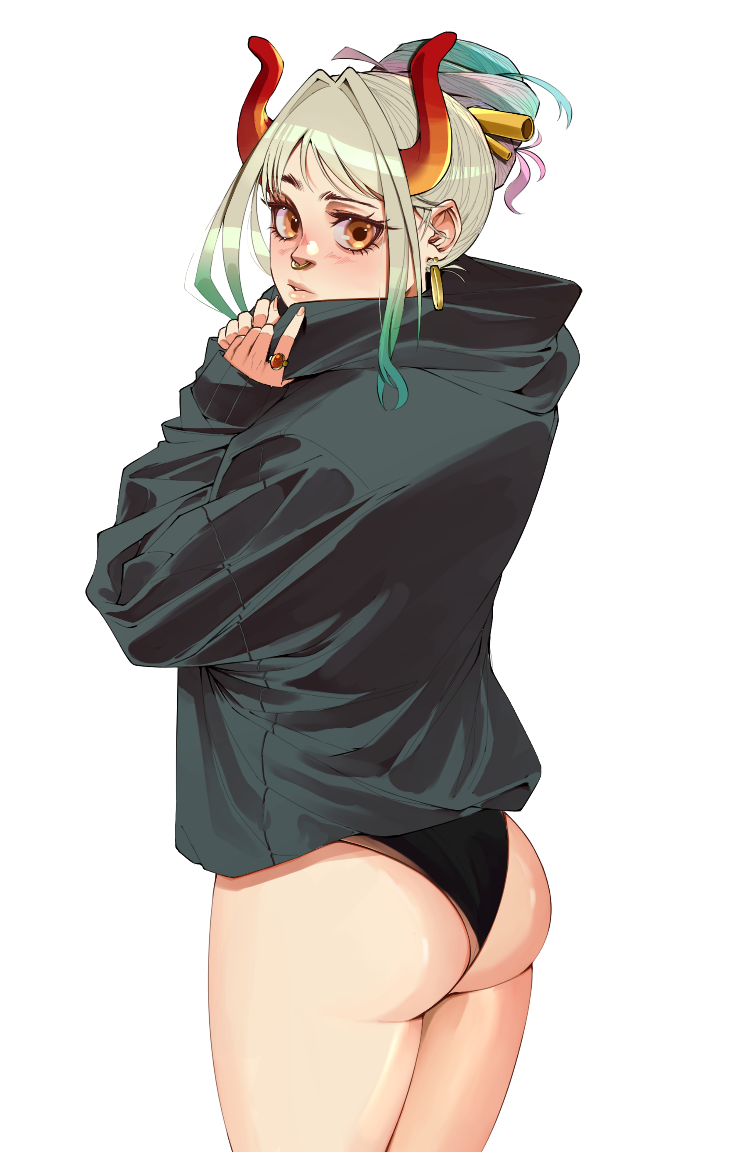 1girls, female, female only, high resolution, horn, horns, jobinchan, multicolored hair, multicolored horn, no pants, one piece, oni, panties, simple background, thighs, two-tone hair, underwear, very high resolution, white background, white hair, white-haired female, yamato (one piece)