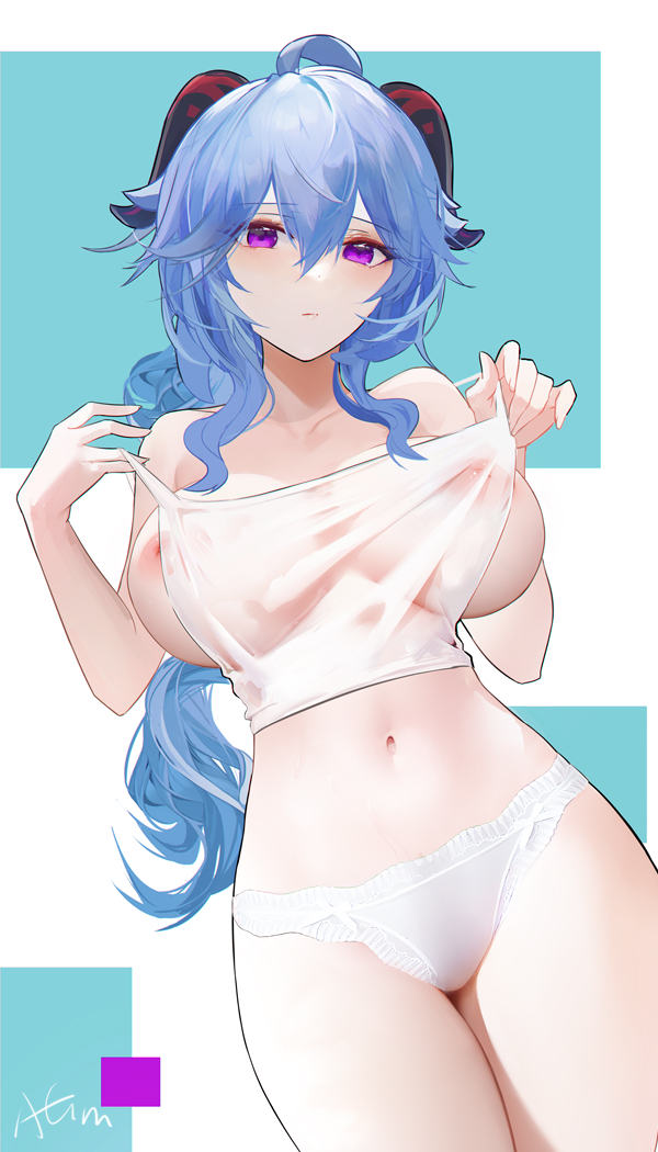 1girls big_breasts blue_hair breasts female_only ganyu_(genshin_impact) genshin_impact horns long_hair looking_at_viewer naked nipples nude omone_hokoma_agm panties purple_eyes see_through solo solo_female undressing white_panties