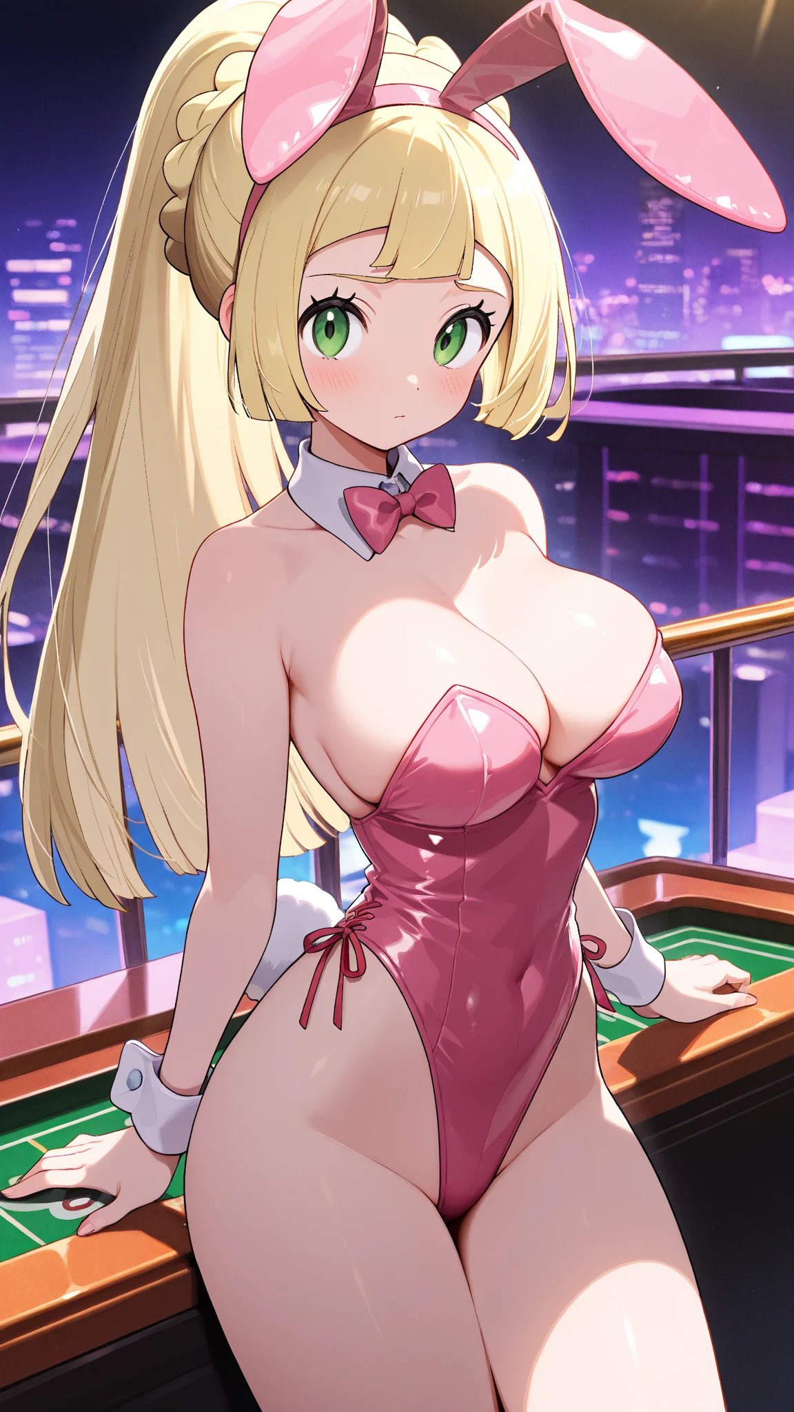 1girls, ai generated, animal ears, bangs, bare shoulders, big breasts, blonde hair, blush, bow, bowtie, braid, breasts, bunny ears, bunny girl, bunny tail, bunnysuit, cleavage, closed mouth, covered navel, cowboy shot, detached collar, eyebrows visible through hair, fake animal ears, female, game freak, green eyes, highleg, highleg leotard, large breasts, leotard, lillie (pokemon), long hair, looking at viewer, nintendo, pantyhose, pink leotard, pink neckwear, pokemon, pokemon sm, ponytail, red leotard, shiny, shiny hair, shiny skin, solo, standing, strapless, strapless leotard, tail, thighs, wrist cuffs