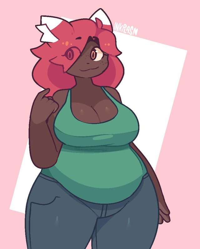 :3, 1girls, bare shoulders, big breasts, breasts, chubby, chubby female, cleavage, cute, dark skin, dark-skinned female, eye visible through hair, eyebrows, eyebrows visible through hair, eyelashes, female, female only, fox ears, fox girl, hair, hips, huge breasts, inkplasm, jeans, large breasts, monster girl, pink background, red hair, simple background, smile, smiling, solo, solo female, standing, terraria, thick, thick thighs, thighs, voluptuous, welwraith, wide hips, zoologist (terraria)