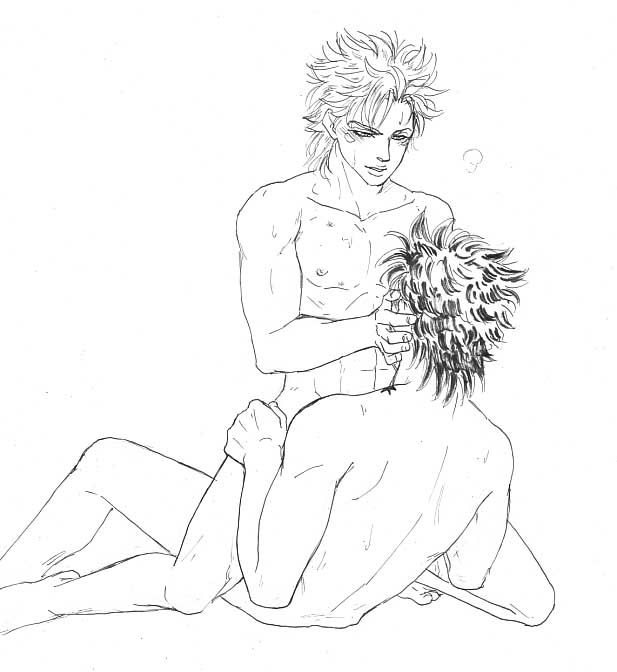 2boys battle_tendency caesar_zeppeli cowgirl_position gay jojo's_bizarre_adventure joseph_joestar komomo male male_only monochrome multiple_boys nude riding sex straddling tagme