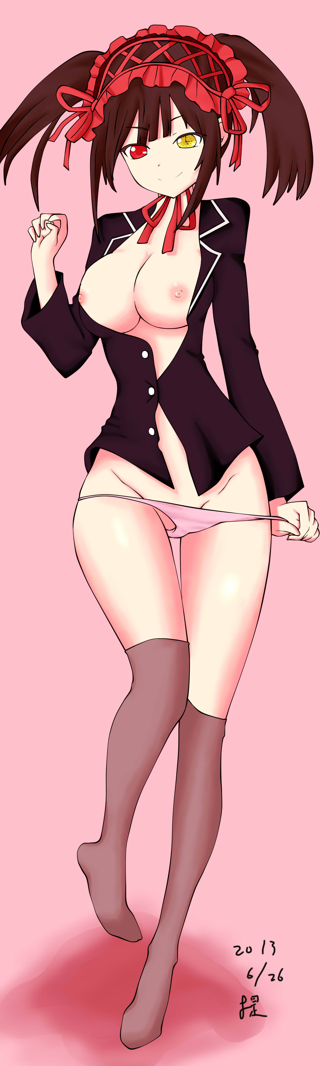 2013 bad_feet breasts date_a_live female hairband heterochromia lolita_hairband long_hair looking_at_viewer nipples no_bra open_clothes open_shirt panties pink_background pink_panties red_eyes shirt smile solo thighhighs tied_hair tokisaki_kurumi twintails unbuttoned underwear white_background yellow_eyes