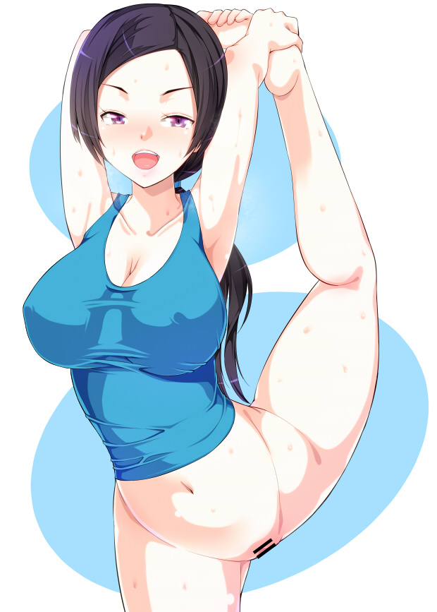 1girls amasora_taichi blue_tank_top casual censored clothing dark_hair female female_focus female_only human nipple_bulge nonsexual_nudity open_mouth pale_skin purple_eyes solo sportswear stretching sweat tagme tank_top wii_fit wii_fit_trainer