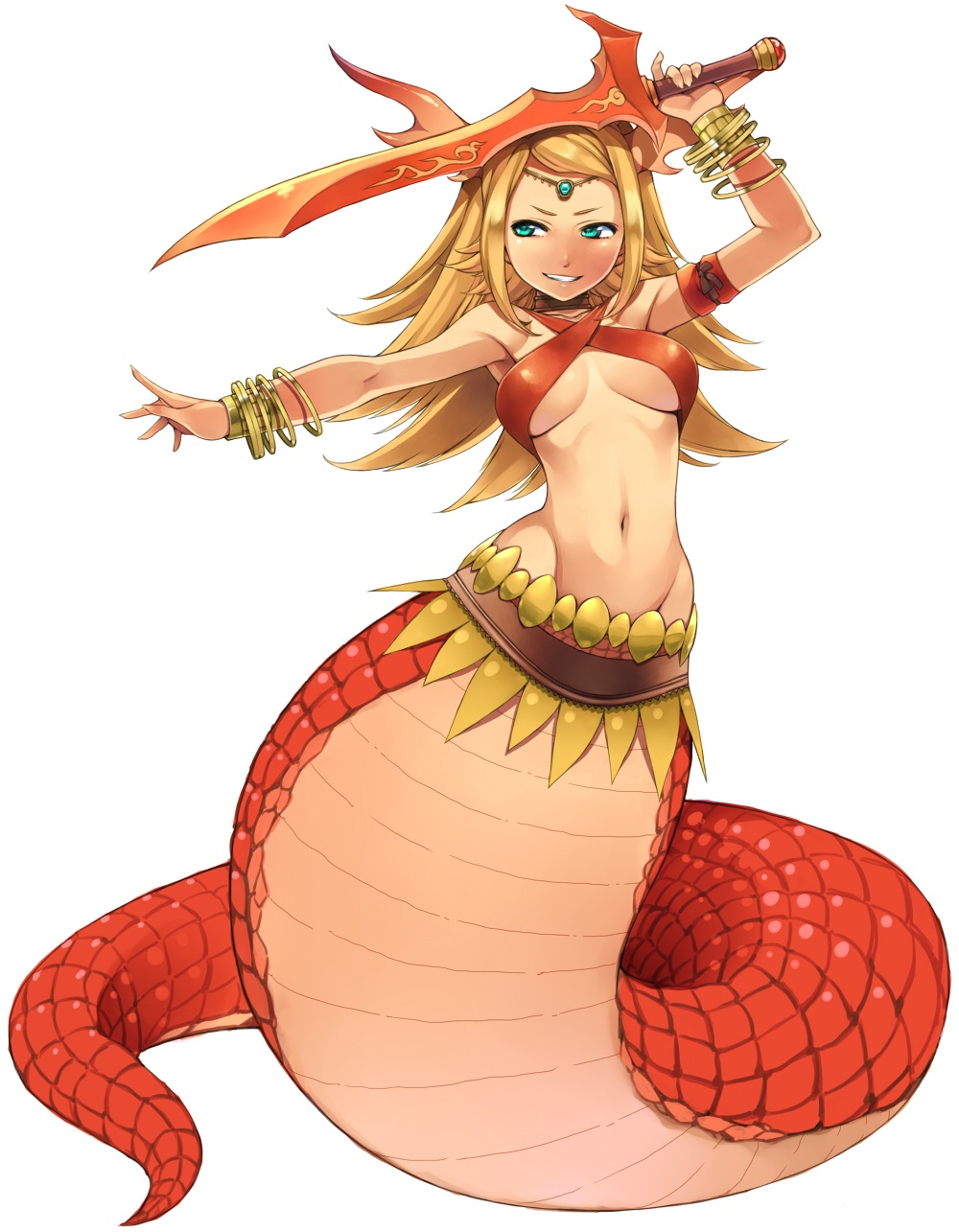 1girls artist_request beige_skin big_breasts bindi blonde_hair blue_eyes bracelet breasts color echidna echidna_(p&d) female female_only front_view holding holding_sword jewelry lamia long_hair looking_away monster_girl navel open_eyes overhand_grip puzzle_&_dragons simple_background skimpy_clothes smile solo sword tail teal_eyes weapon white_background