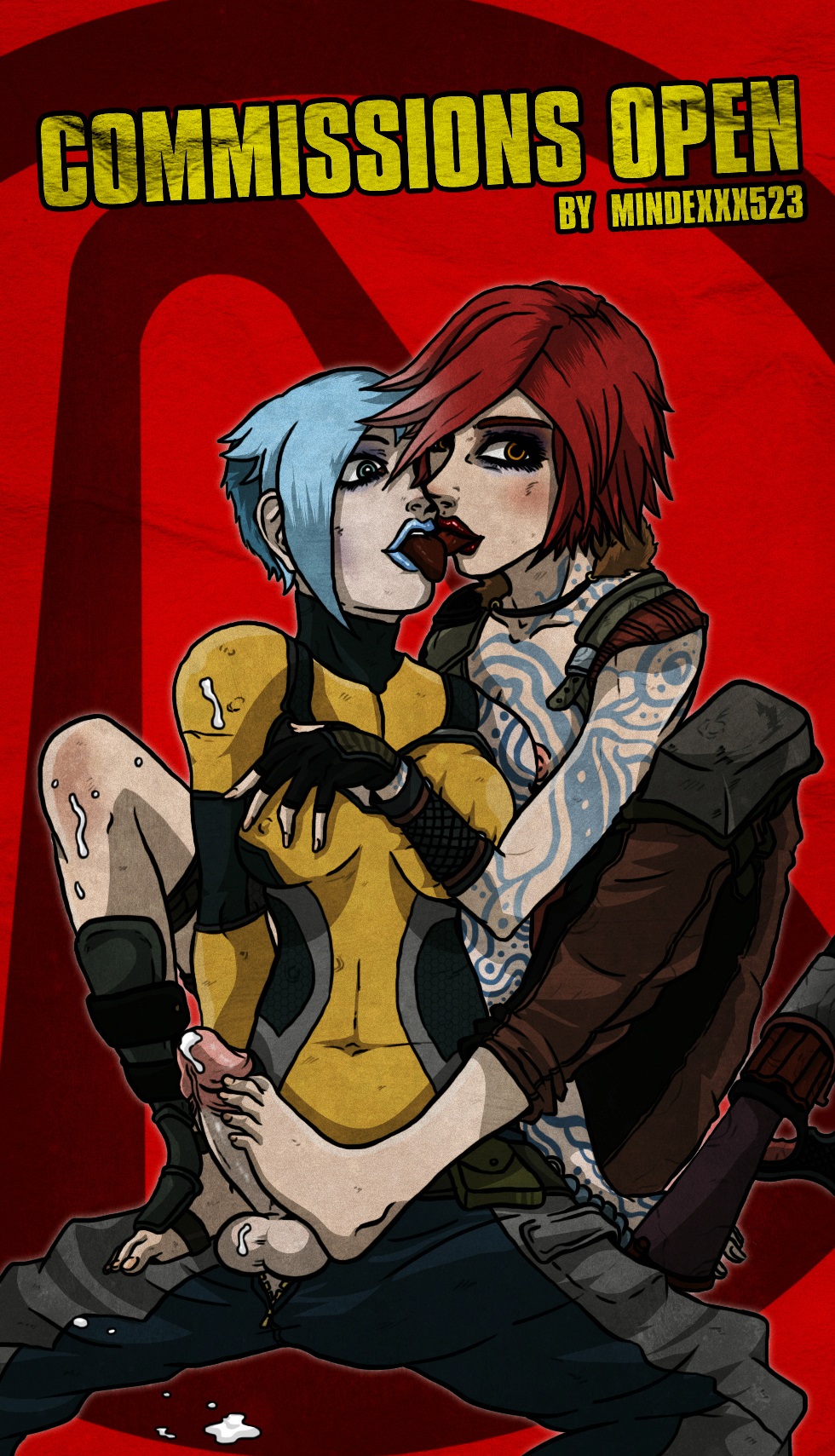 2girls blue_hair blue_lipstick borderlands borderlands_2 cum feet footjob french_kiss futanari intersex lilith_(borderlands) lipstick looking_at_viewer maya_(borderlands) maya_the_siren mindex523 nipples red_hair short_hair