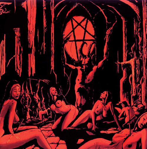 blood blood_from_eyes blood_on_body blood_on_face breasts corpse corruption costume cross demon demons devil female habit horns implied_object_insertion knife_in_pussy male monochrome multiple_demons multiple_girls nude nun nun_costume penis pentagram red_theme satan solo_male stabbed statue whip