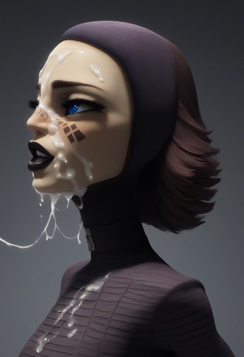 ai_generated alien alien_girl barriss_offee black_hair black_lipstick clone_wars cum cum_drip cum_in_mouth cum_on_clothes cum_on_clothing cum_on_face cum_stain cum_string cumshot dark_hair duchess_eugene face_markings face_marks green_body green_skin mirialan short_hair star_wars