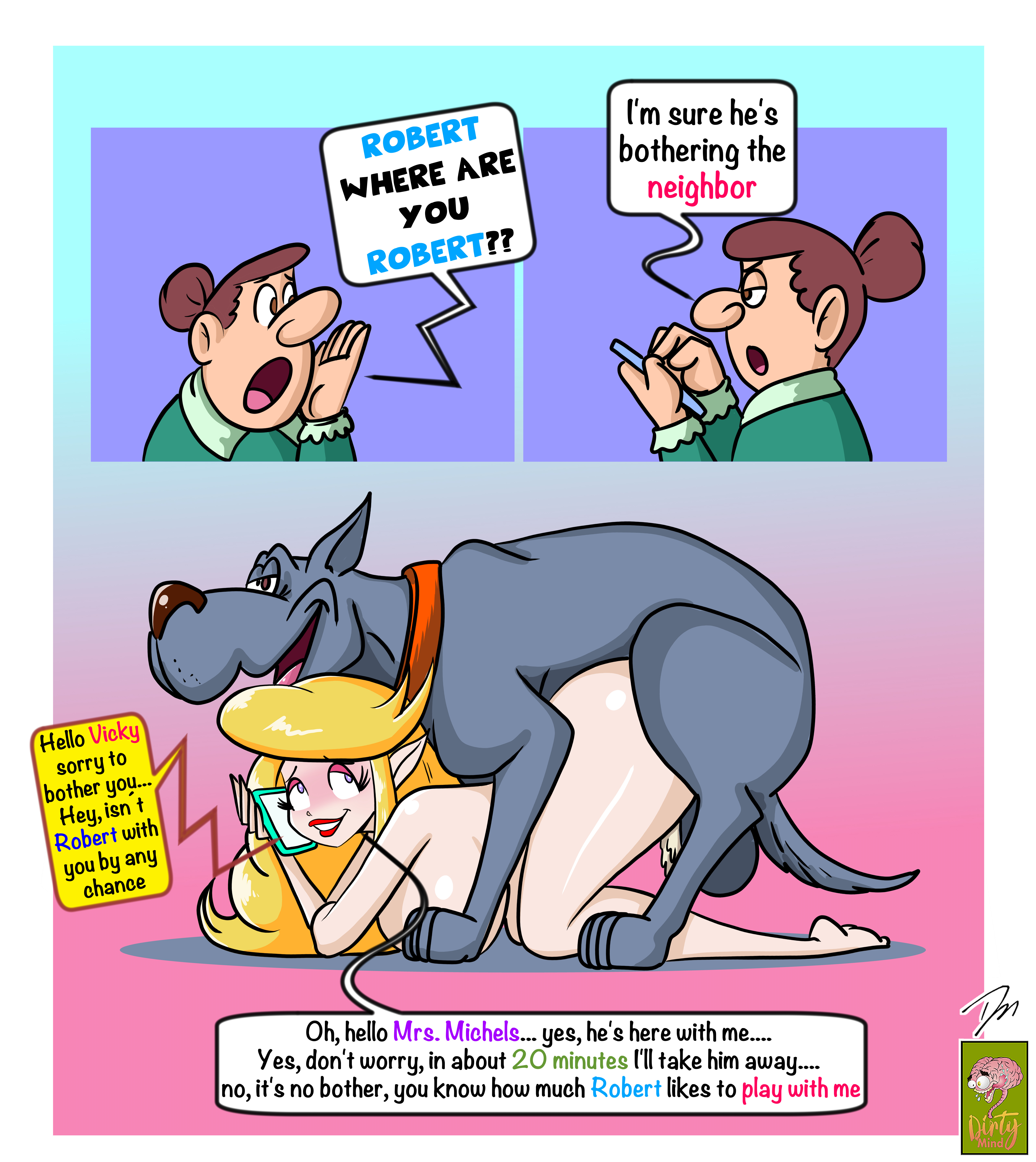 1animal, 1boy, 1girls, 2girls, abstract background, ambiguous penetration, artist name, bestiality, big breasts, blonde hair, blushing, breasts, canine, canine on human, collar, comic, dialogue, dirtymind, doggy style, domestic dog, english text, female, female on feral, feral, feral dominating female, feral dominating human, feral on female, feral on human, feral penetrating, from behind, happy sex, holding smartphone, human, human on feral, interspecies, interspecies sex, large breasts, long hair, looking pleasured, male, male on human, male/female, nude, pointy ears, sex, speech bubble, straight, vicky knotington, vicky knotington veterinary assistant, zoophilia