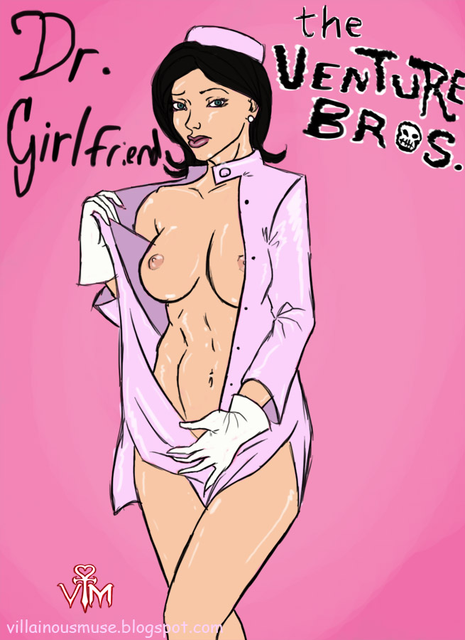 areola areola_slip black_hair breasts doctor_girlfriend female gloves green_eyes hair hat large_breasts looking_at_viewer medium_breasts nipple_slip no_bra pale_skin perky_breasts pose solo thick_lips venture_brothers villainous_muse