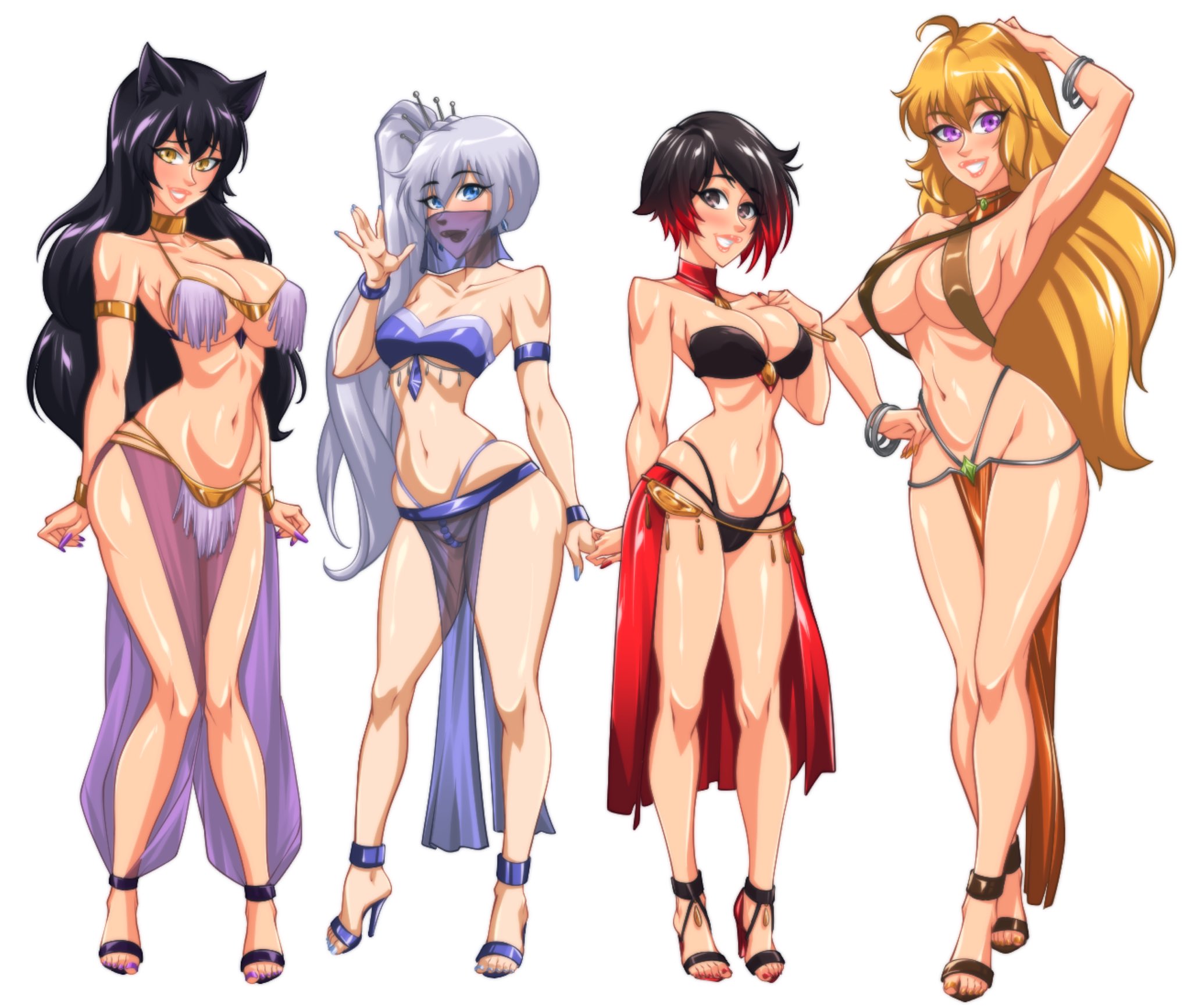 4girls, belly dancer, belly dancer outfit, black hair, blake belladonna, blonde hair, cleavage, female, female only, harem, harem girl, harem outfit, high heels, human, multiple females, multiple girls, omiiverse, pearl thong, red hair, revealing clothes, ruby rose, rwby, team rwby, weiss schnee, white background, white hair, yang xiao long