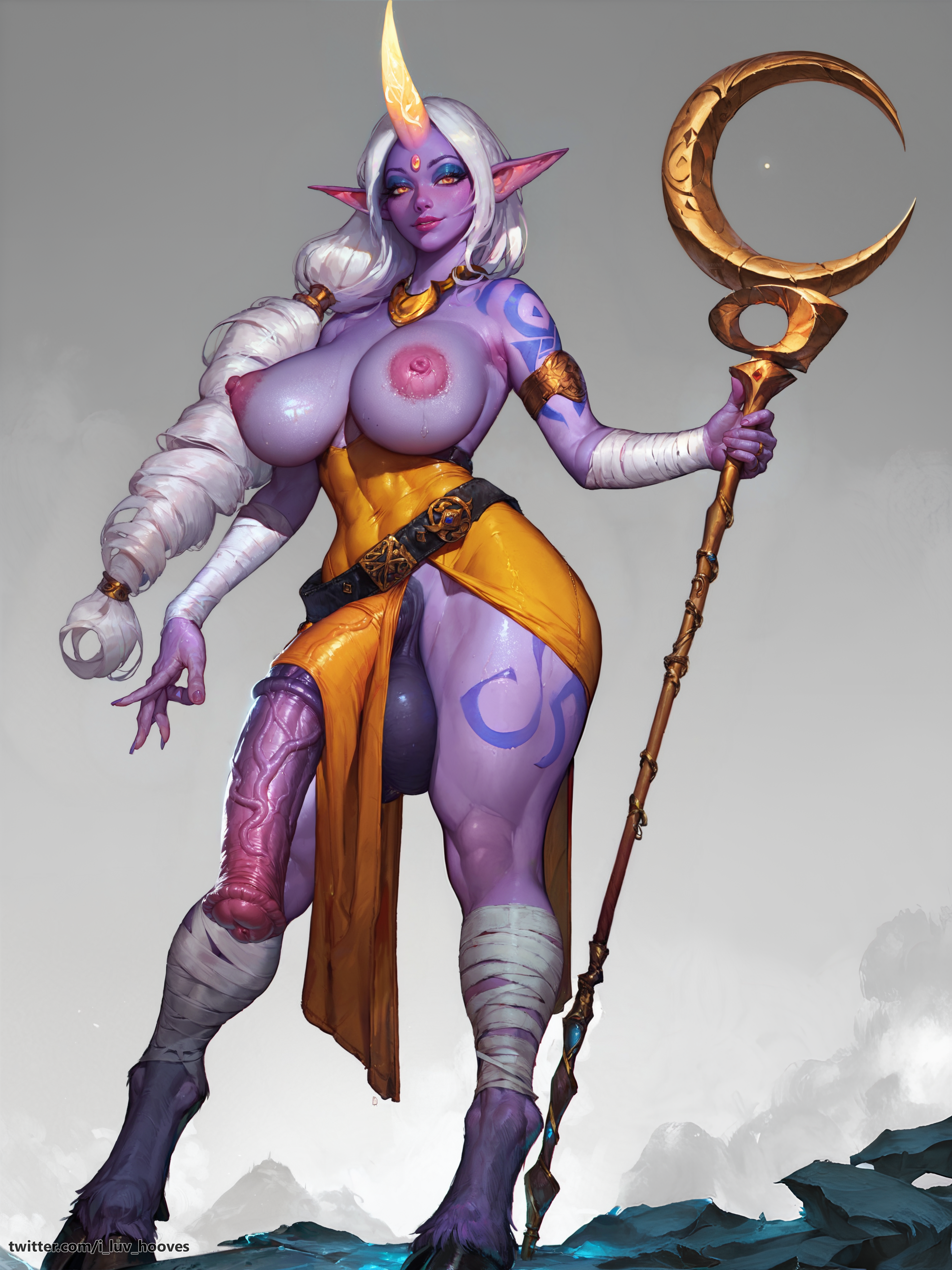 1futa, absurd res, absurdres, ai generated, animal genitalia on humanoid, athletic, balls, belt, big balls, big breasts, big penis, breasts, celestial (league of legends), curvy, curvy figure, dickgirl, dress, facing viewer, furry, futa only, futanari, golden eyes, hooves, horn, horsecock, horsecock futa, horsecock on humanoid, huge balls, iluvhooves, intersex, large breasts, large penis, league of legends, muscular, muscular thighs, nipples, penis, purple skin, pussy, solo, solo anthro, solo focus, solo futa, soraka, stable diffusion, staff, tattoo, thick thighs, thighs, veiny penis, white hair, wide hips
