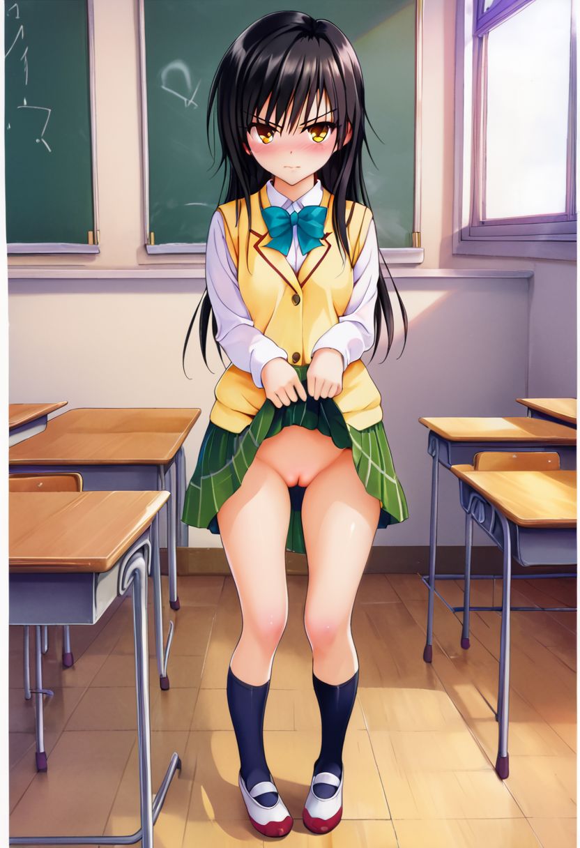 2024 ai_generated blush bottomless breasts carnivalecloudmuncher classroom clothing female female_only innie_pussy kotegawa_yui no_panties nopan pussy school_uniform schoolgirl self_upload skirt skirt_lift small_breasts solo solo_female standing tagme to_love-ru uncensored