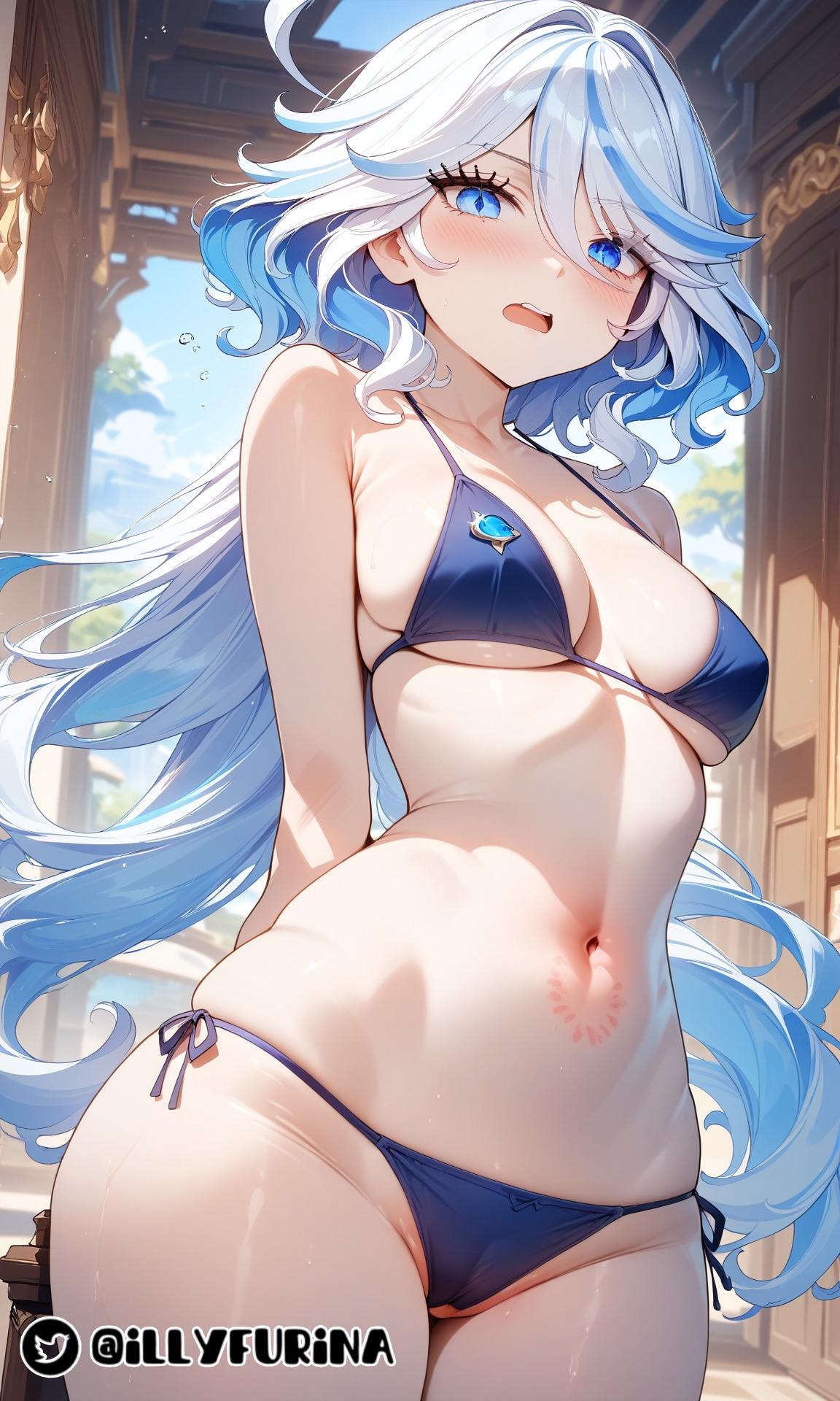 abdomen, abdomen bite, ai generated, bangs, bangs over eyes, bite, bite mark, bite navel, blue bra, blue eyes, blue hair, blue lingerie, blue panties, blush, female, furina (genshin impact), genshin impact, illyfurina, light skin, light-skinned female, lingerie, long hair, looking at viewer, navel, pale skin, pale-skinned female, seductive, seductive eyes, seductive look, seductive mouth, thighs, waist