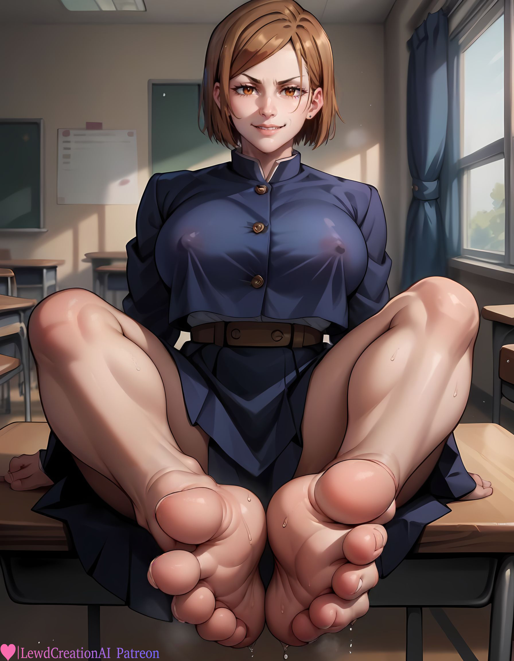 1girls, absurd res, ai generated, big breasts, blush, blush lines, blushing at viewer, breasts, classroom, curvy, curvy figure, feet, feet together, feet up, female, foot fetish, foot focus, foot play, foot worship, high resolution, highres, jujutsu kaisen, kugisaki nobara, large breasts, legs up, lewdcreationsai, looking at viewer, nipple bulge, nipples, nipples visible through clothing, on table, orange eyes, orange hair, puffy areola, puffy nipples, school, school uniform, schoolgirl, sitting, skirt, smirk, smirking, solo, solo female, solo focus, sweat, sweatdrop, sweating, sweaty, sweaty feet, tagme, thick, thick legs, thick thighs, thighs, toes, toes curled, toes scrunch