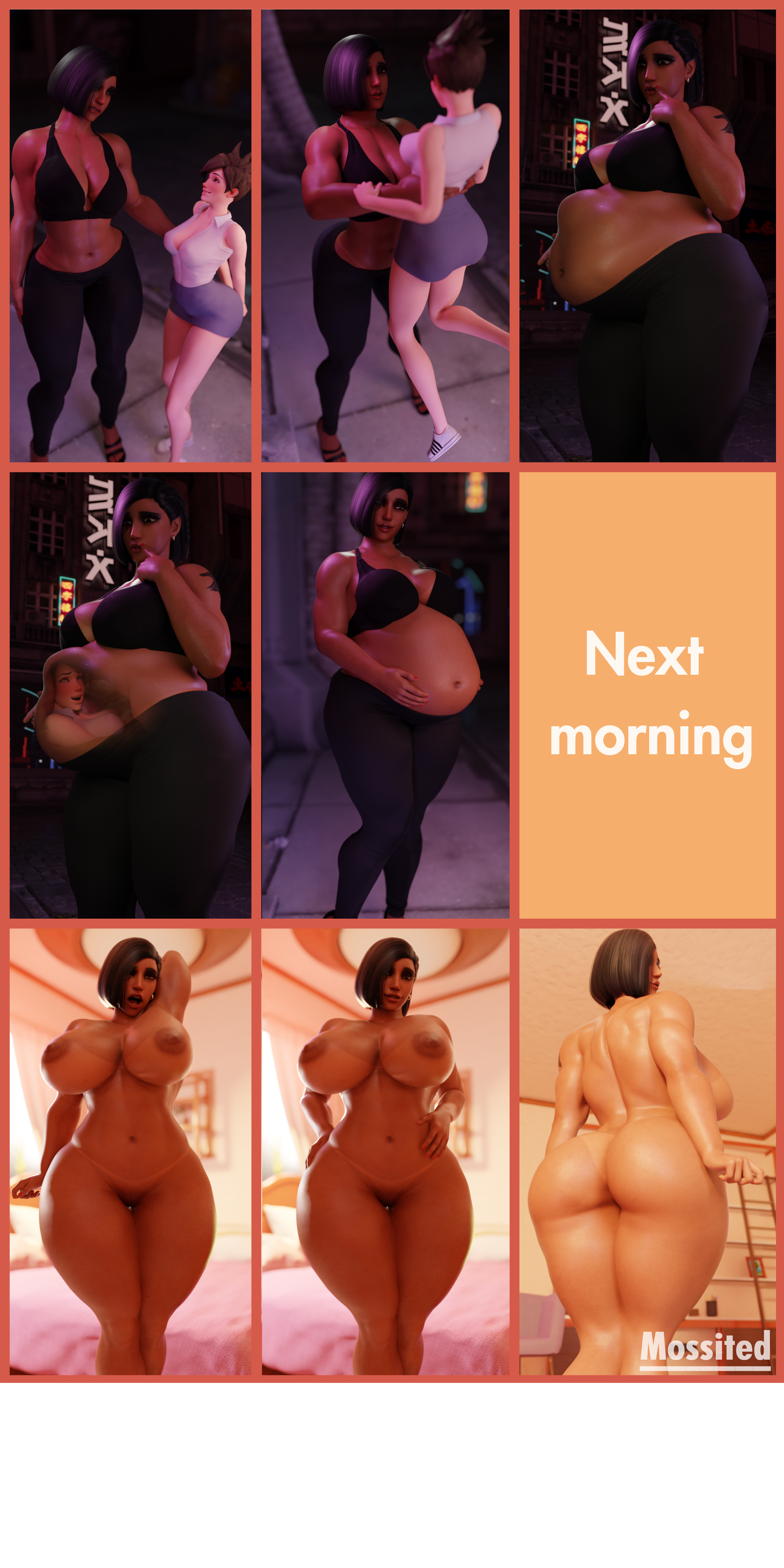 3d, ass, belly, boobs, breasts, brown hair, comic, comic page, curvy, dominant, fat, female, huge belly, mossited, muscular, orgasm, overwatch, overwatch 2, overweight, overweight female, pharah, stomach acid, stomach bulge, swallowing, thick, thick ass, tracer, transformation, vore, yoga pants