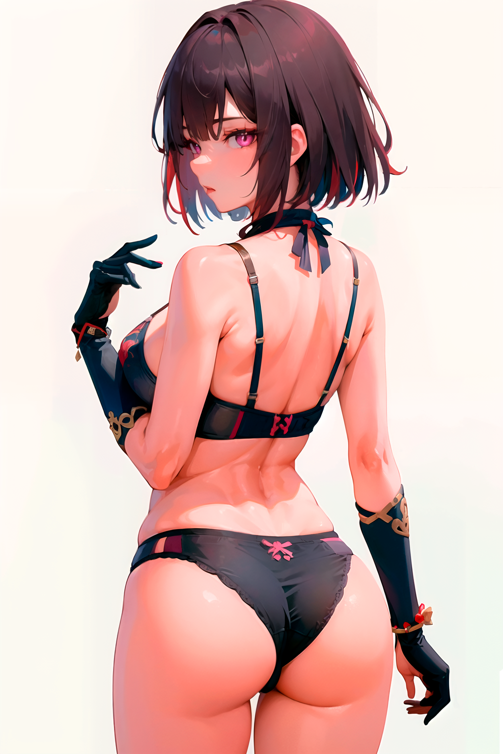 1girls ai_generated ass ass_focus ass_up back bra brown_hair butt_focus choker fingerless_gloves from_behind gloves honkai:_star_rail honkai_(series) lingerie lingerie_only looking_at_viewer looking_back minimalist_background multicolored_hair panties pink_eyes polege short_hair simple_background standing underwear view white_background xueyi_(honkai:_star_rail)