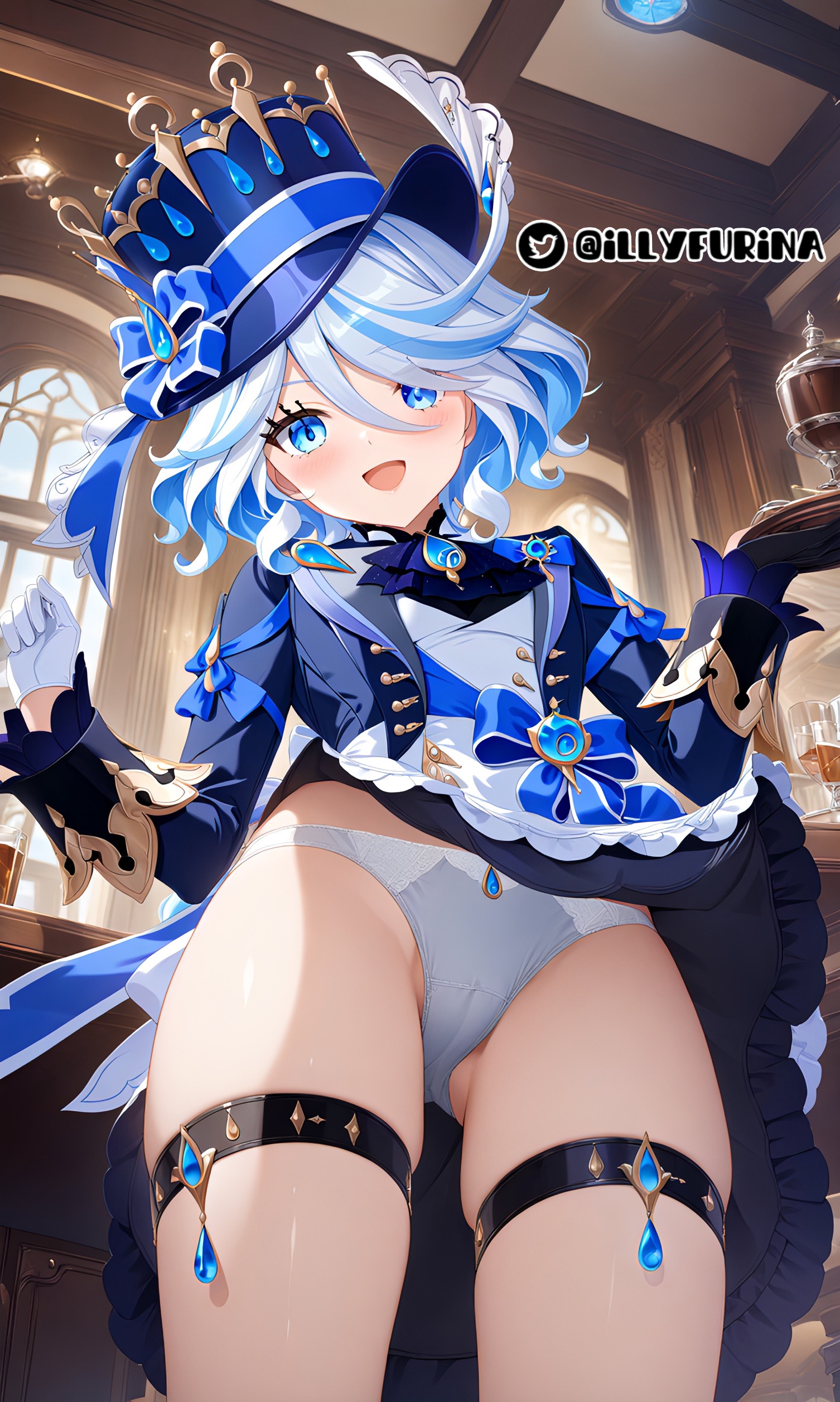 ai generated, blue eyes, blue hair, female, furina (genshin impact), genshin impact, hat, illyfurina, light skin, light-skinned female, looking at viewer, maid, maid uniform, pale skin, pale-skinned female, panties, sfw, showing panties, skinny, smile, smiling at viewer, tavern, thighs, white panties