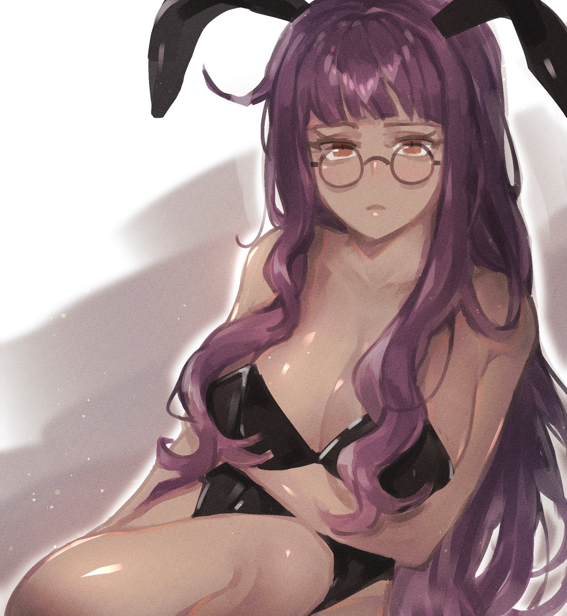 1girls, big breasts, breasts, bunny ears, bunnysuit, corset, dark skin, female, glasses, katriel (library of ruina), library of ruina, long hair, looking at viewer, project moon, purple hair