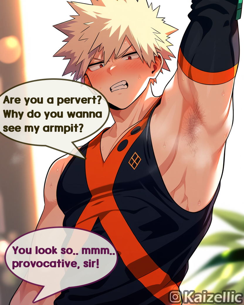 ai_generated armpit_fetish armpits arms_up blonde_hair blush dialogue gay hairy_armpits hero_outfit_(mha) kaizellic katsuki_bakugou male male_focus male_only muscular muscular_male my_hero_academia red_eyes superhero superhero_costume tight_clothing yaoi