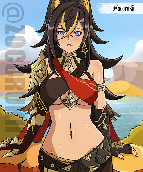 belly belly_button breasts busty dehya_(genshin_impact) desert genshin genshin_impact sexy_pose solo sweat zocorukii