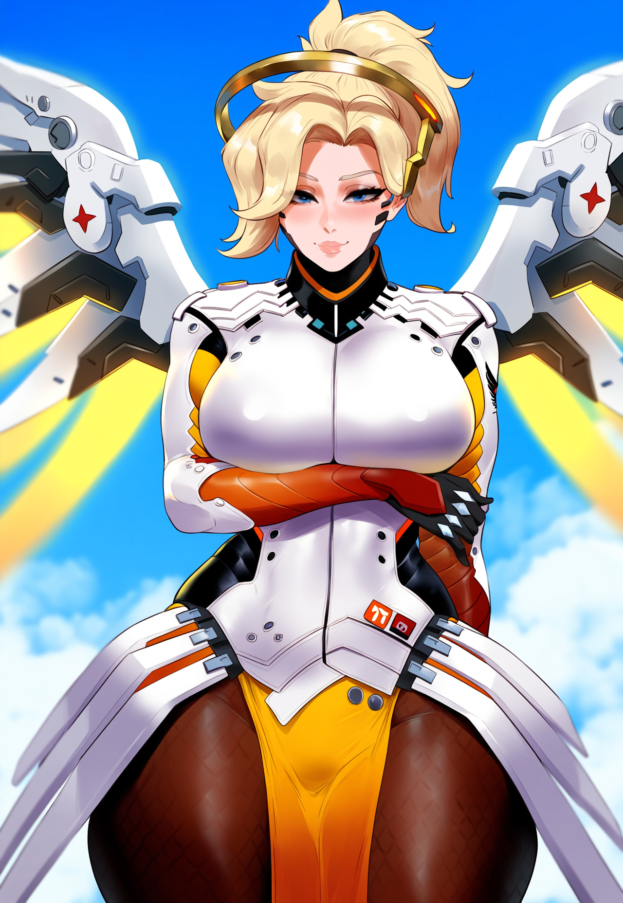 1girls, ai generated, arm under breasts, blonde hair, blue eyes, bodysuit, breasts, creamy ai, curvy, female, large breasts, mechanical halo, mechanical wings, mercy, overwatch, overwatch 2, pantyhose, solo, thick thighs, wide hips