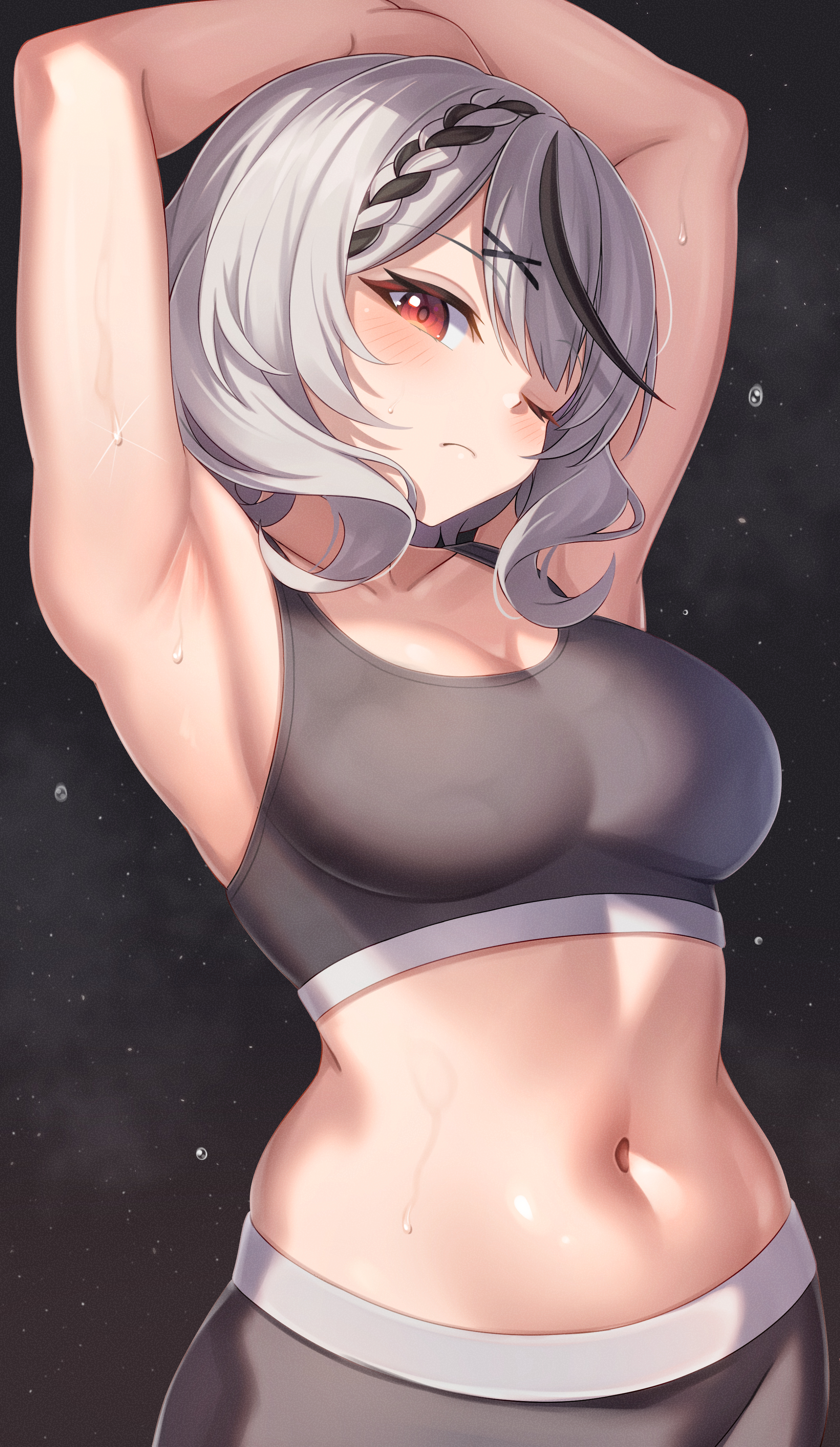 1girls, aoi zerii, armpits, black hair, blush, breasts, closed mouth, collarbone, female, grey hair, hololive, hololive japan, holox, large breasts, medium hair, multicolored hair, navel, one eye closed, red eyes, sakamata chloe, solo, straight hair, virtual youtuber, x hair ornament