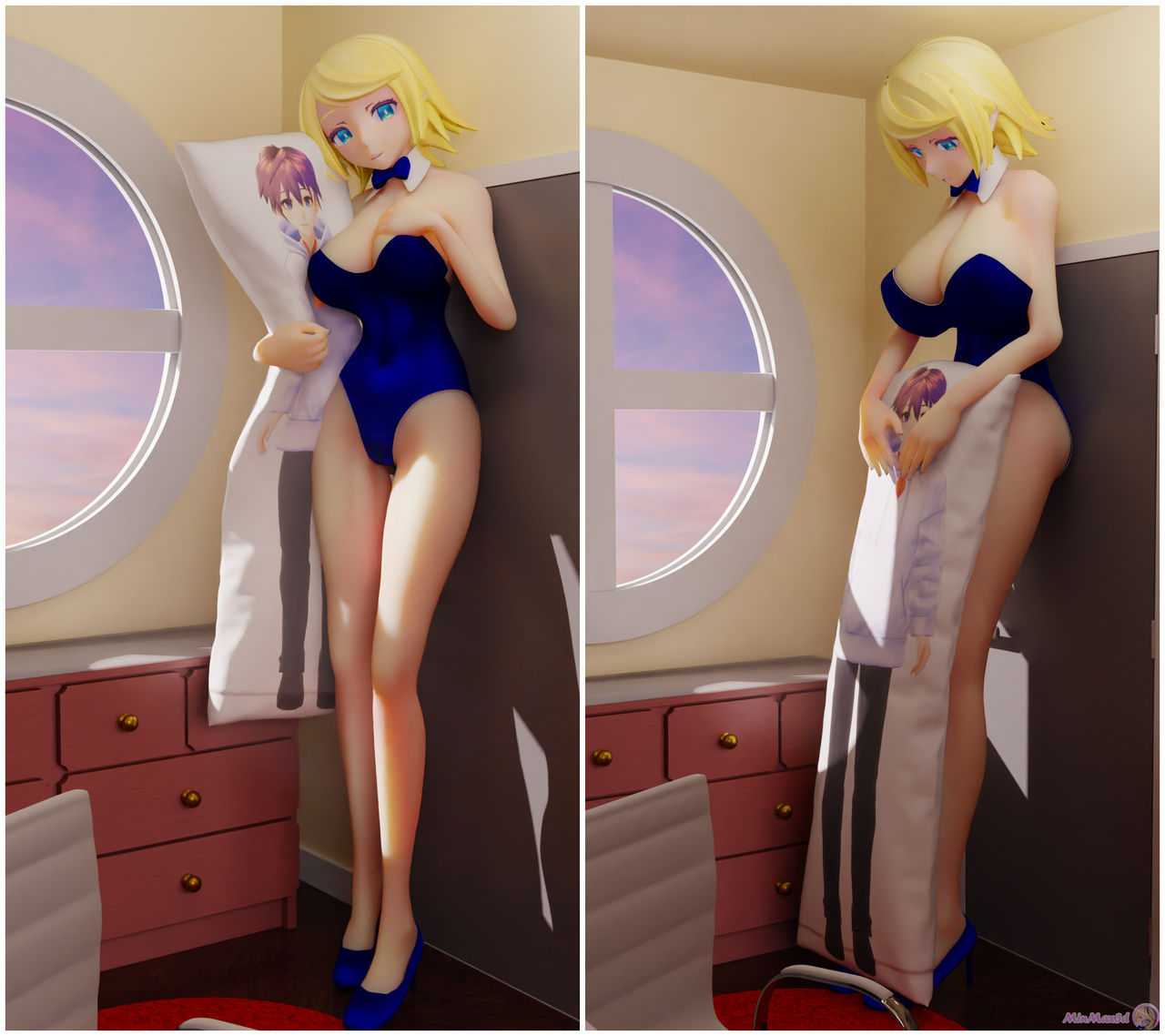 1girls 3d big_breasts blonde_female blonde_hair blonde_hair_female blue_swimsuit body_pillow breasts cuddling giantess hairbow height_growth kagamine_rin light-skinned_female light_skin looking_at_viewer mikumikudance mini_giantess minmax3d mmd offering offering_to_viewer one-piece_swimsuit swimsuit swimwear vocaloid white_bow_tie