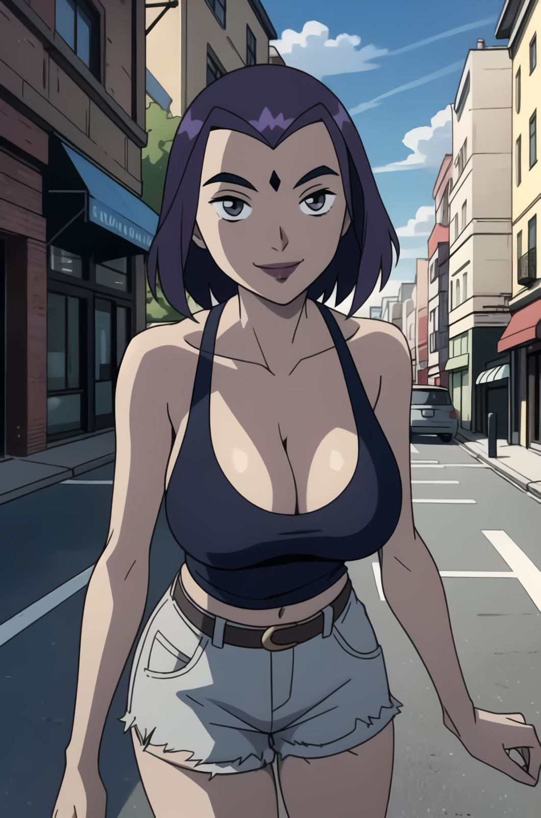 ai_generated belt big_breasts bob_cut bonnieaiart boobs breasts cleavage dc_comics grey_skin jean_shorts large_breasts navel rachel_roth raven_(dc) shorts smile ta-tas tank_top teen_titans